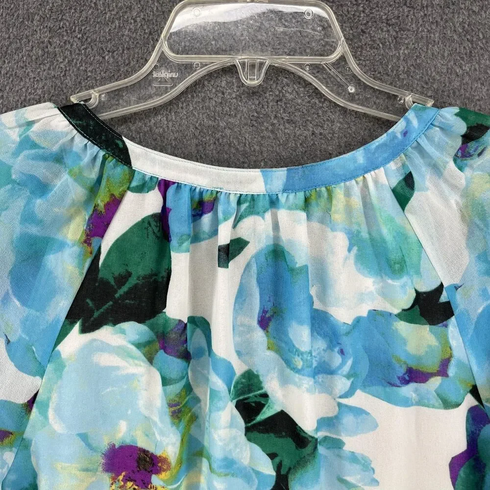 Calvin Klein Blouse Womens Medium Blue Floral Split Neck Chain Tassel Sheer‎ - Picture 14 of 16